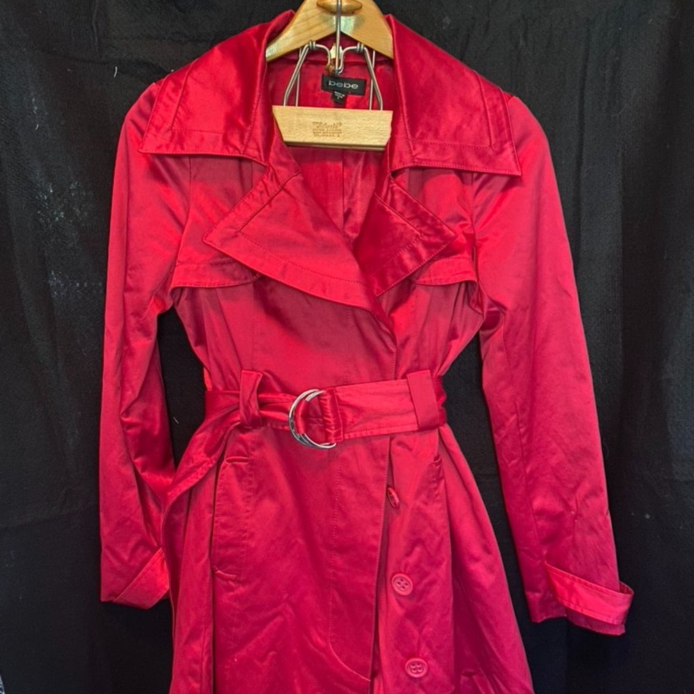 Bebe Red Trench coat sexy satin Small